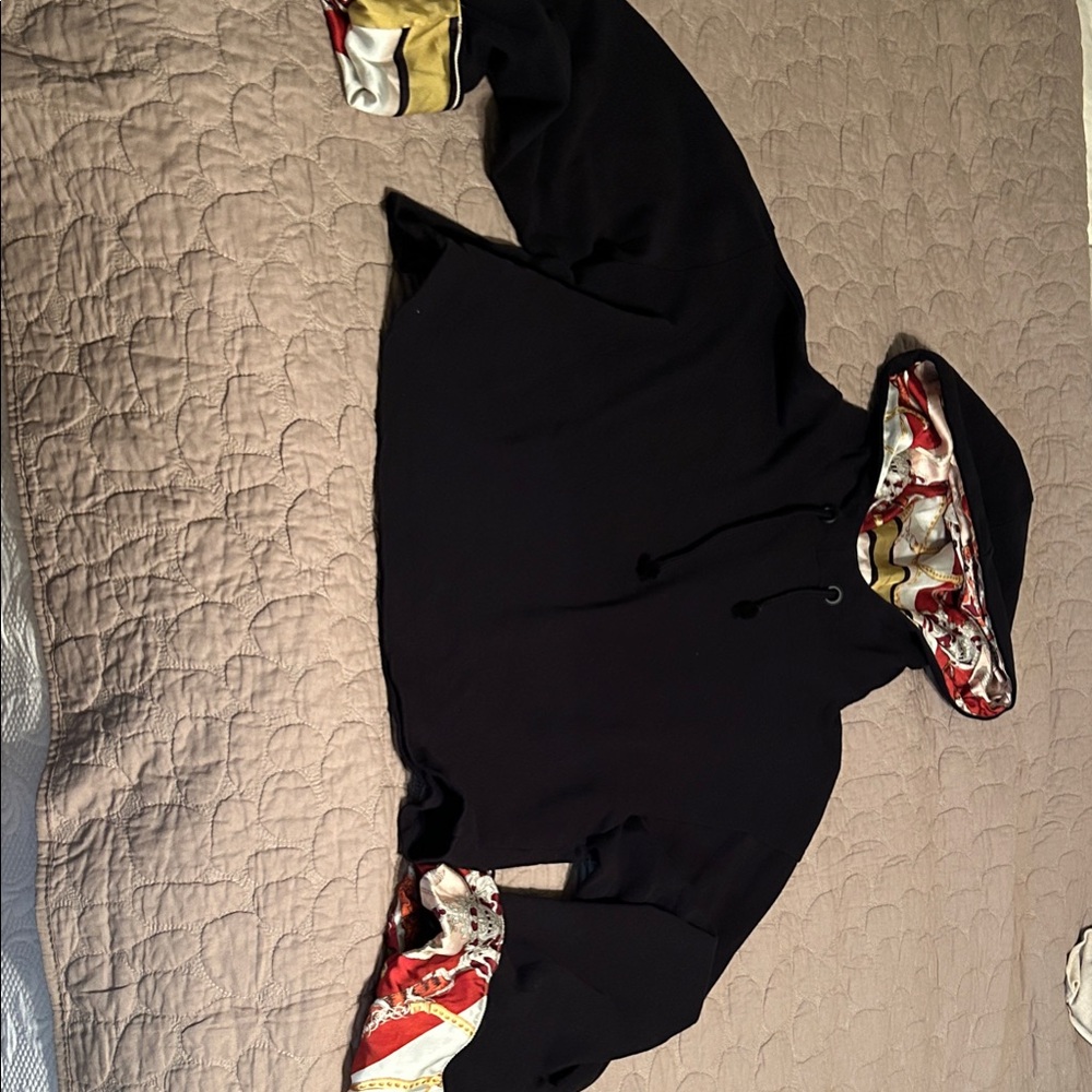 Zara Black Cropped Hoodie with Colorful Patterned Lining